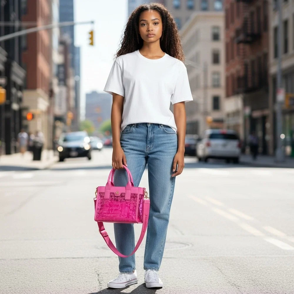 Juicy Couture Tote Bag Womens Hot Pink Clear PVC Monogram Crossbody Small Y2K